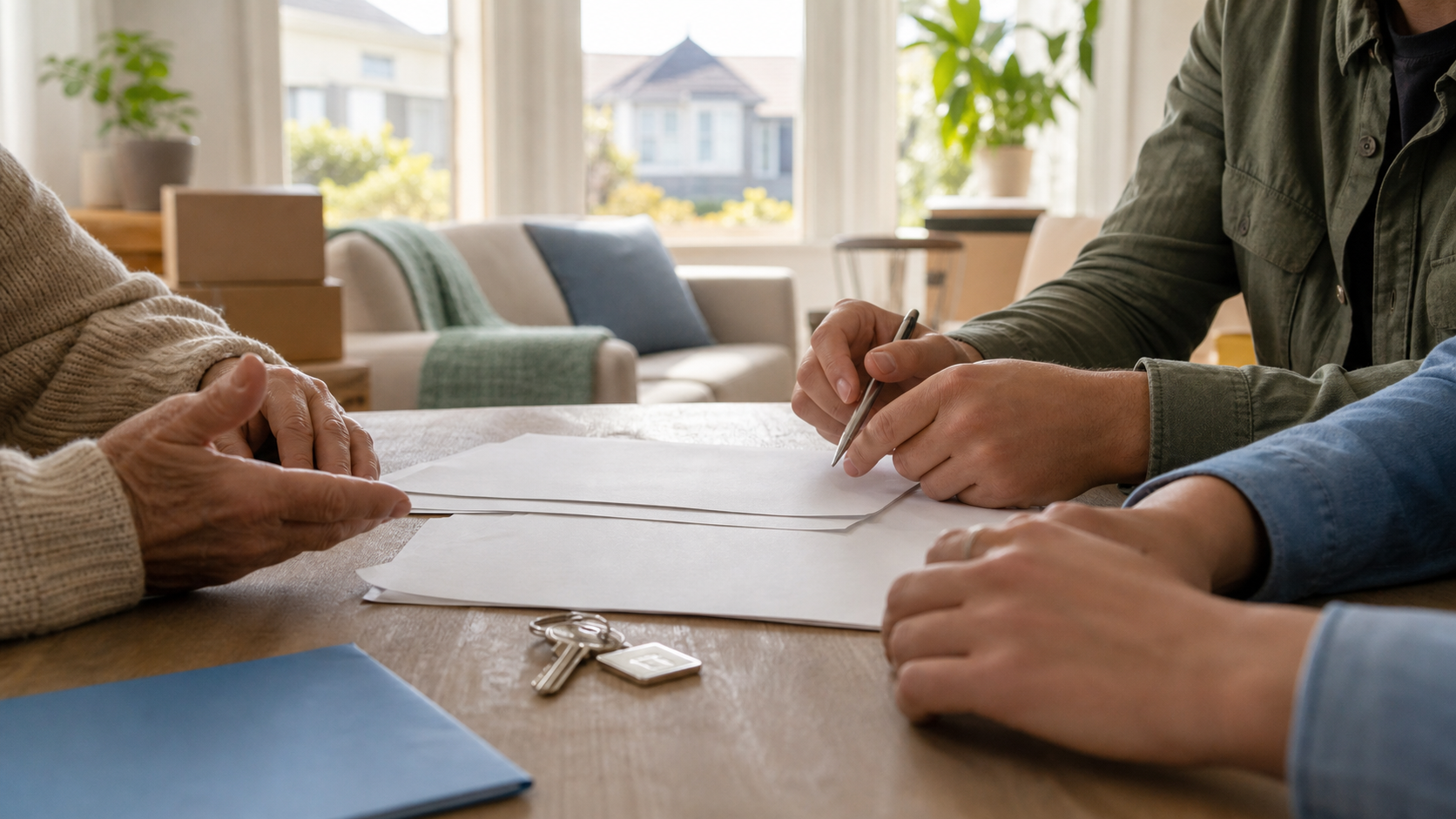Family reviewing paperwork before selling a Bay Area house with a reverse mortgage