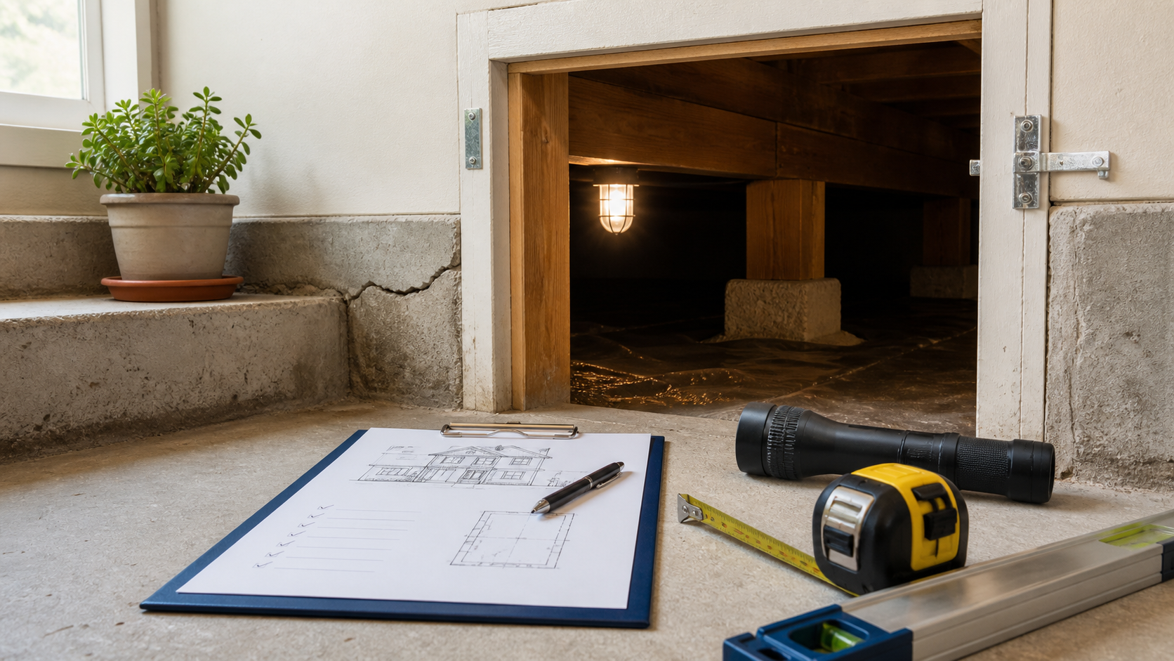 Foundation inspection tools near a crawl space in an older Bay Area home