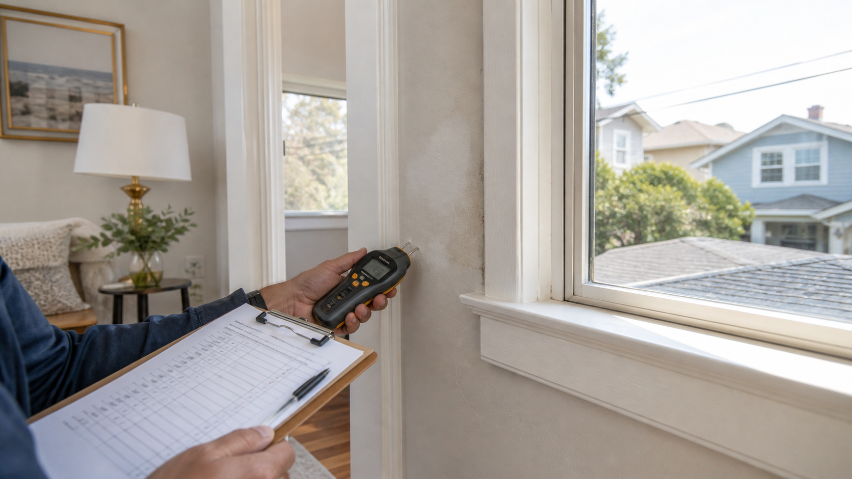 Moisture inspection near a window in a Bay Area home with suspected mold problems