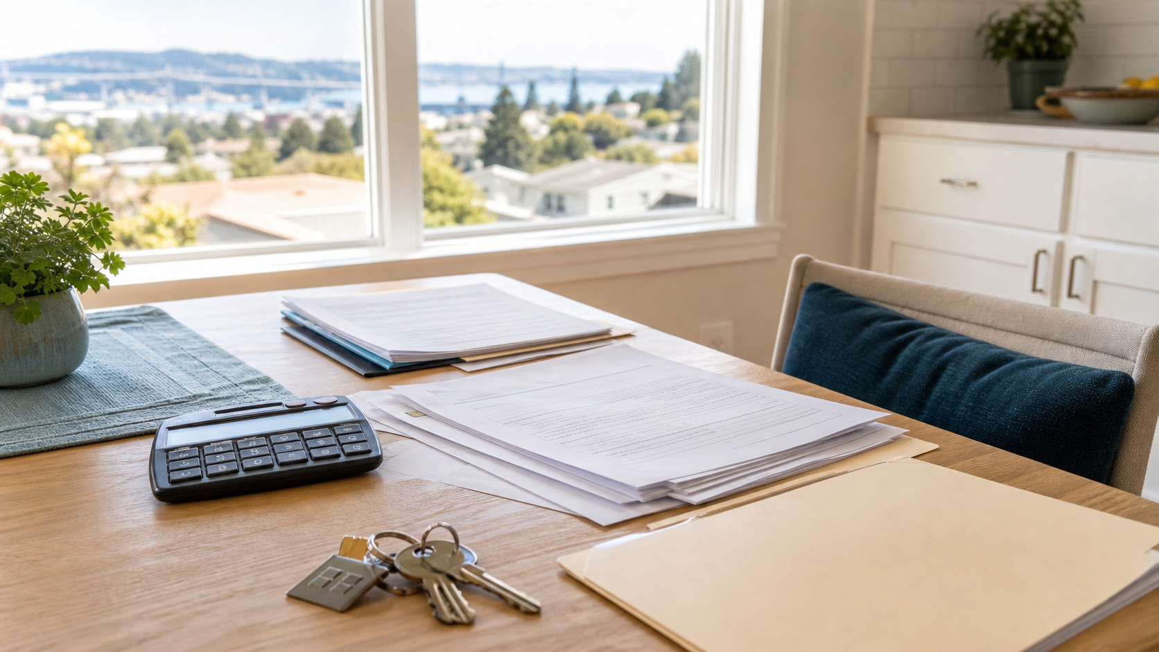 Bay Area reverse mortgage payoff paperwork with house keys and escrow documents
