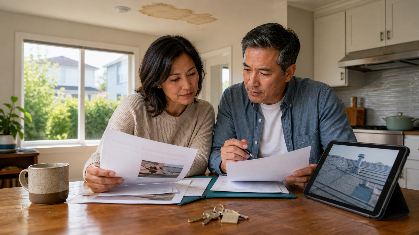 Bay Area homeowners reviewing roof leak photos and repair estimates at a kitchen table