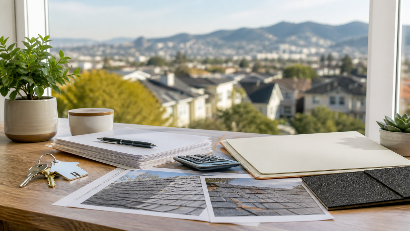 Roof repair photos and keys beside cash offer paperwork for a Bay Area home sale