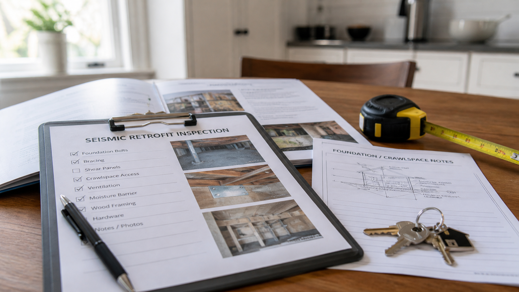 Seismic retrofit inspection paperwork and keys for an older Bay Area home sale