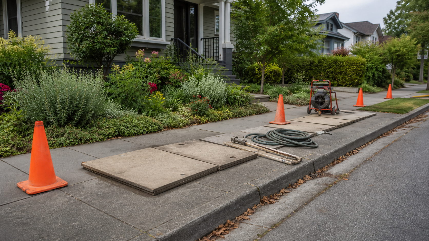 Sewer lateral repair setup outside a Bay Area home before a cash offer