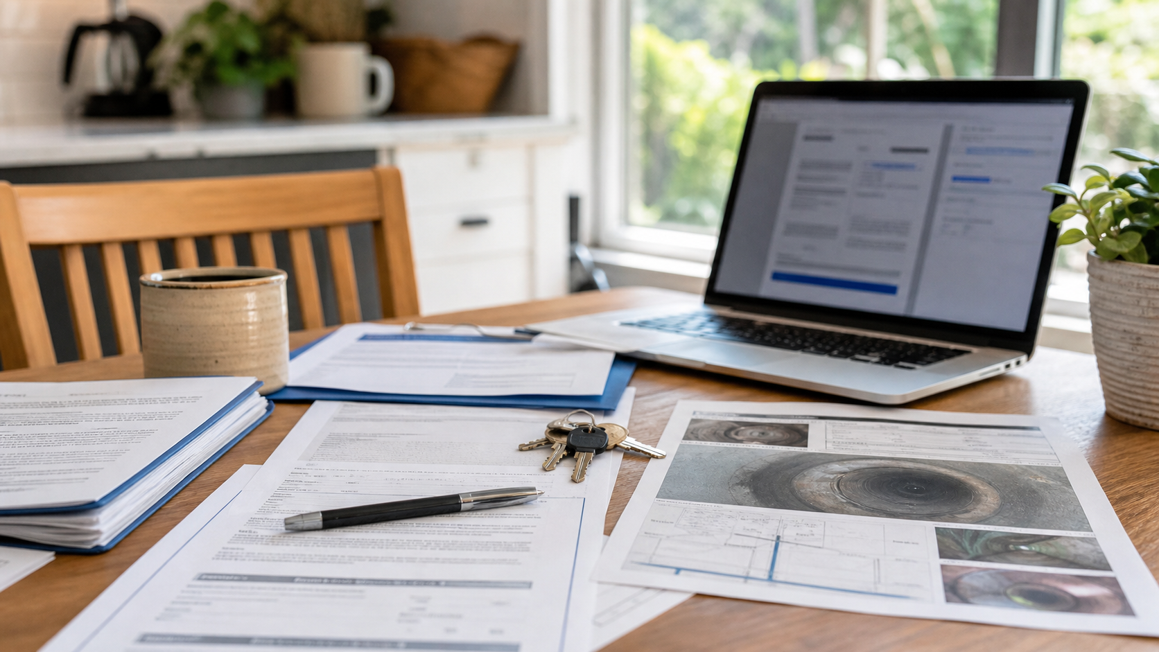 Bay Area sewer lateral inspection paperwork with keys and escrow documents