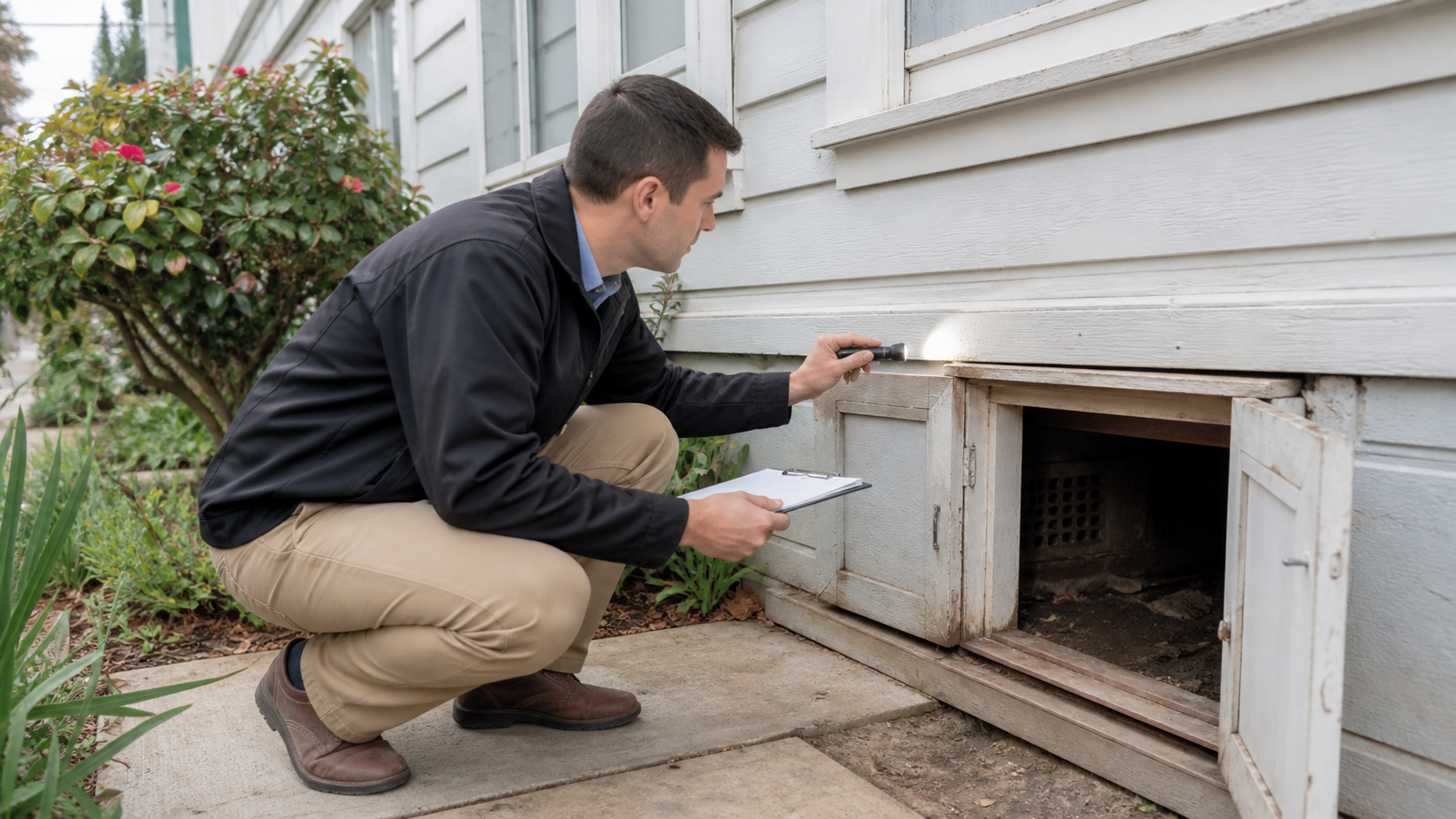 Inspector checking exterior wood trim and crawlspace access for termite damage at a Bay Area home