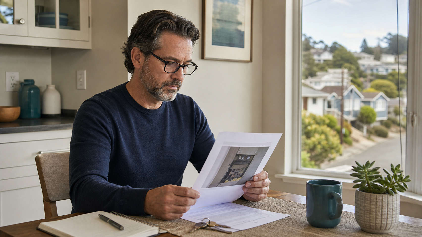 Bay Area homeowner reviewing an electrical inspection report before trying to sell a Bay Area house with electrical problems