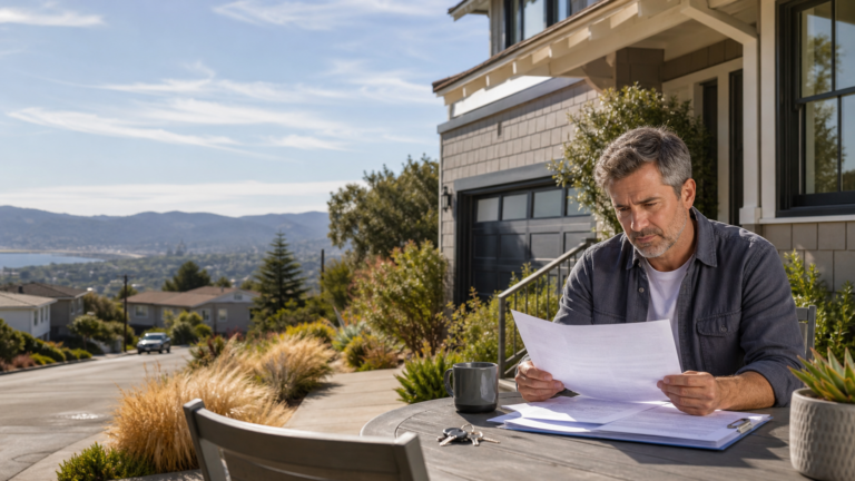 Bay Area homeowner reviewing paperwork before trying to sell a Bay Area house with home insurance problems