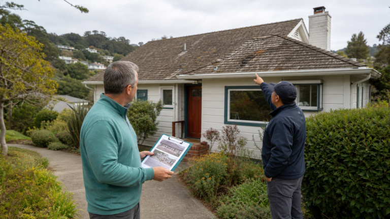 Bay Area homeowner reviewing a roof inspection report before trying to sell a Bay Area house with roof problems