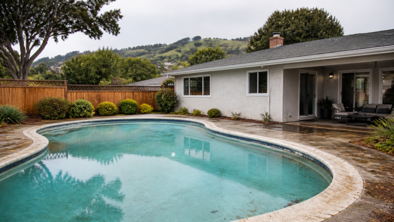 Older backyard pool at a Bay Area home for homeowners who need to sell a Bay Area house with pool problems