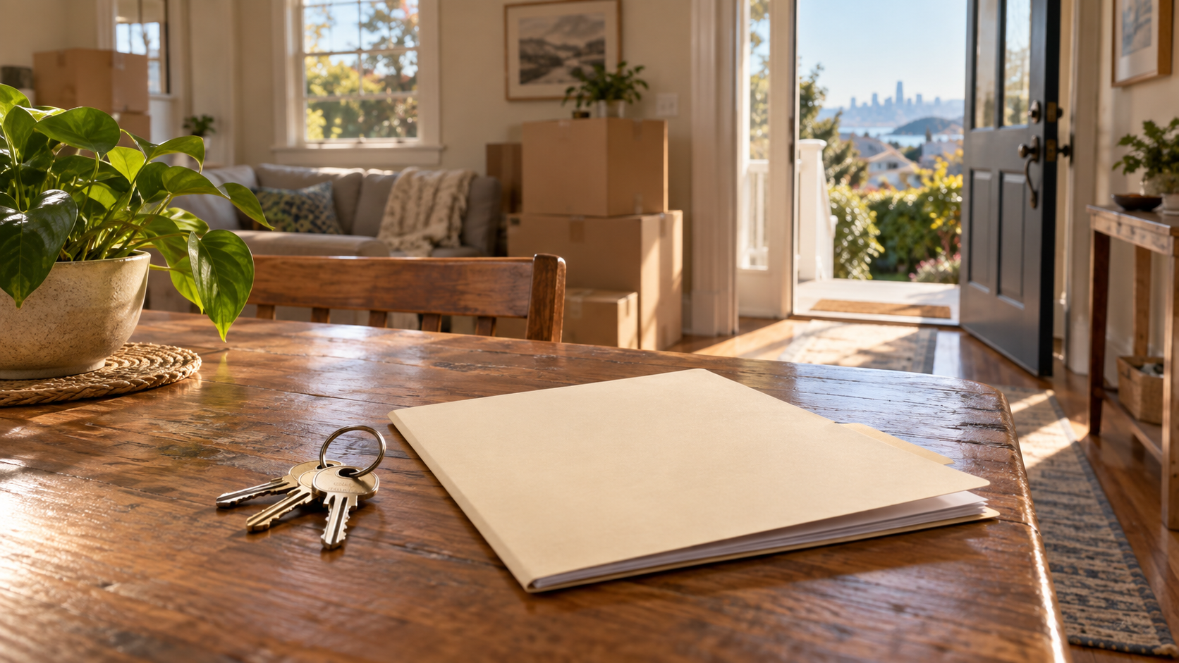 House keys and offer folder prepared for an as-is Bay Area home sale