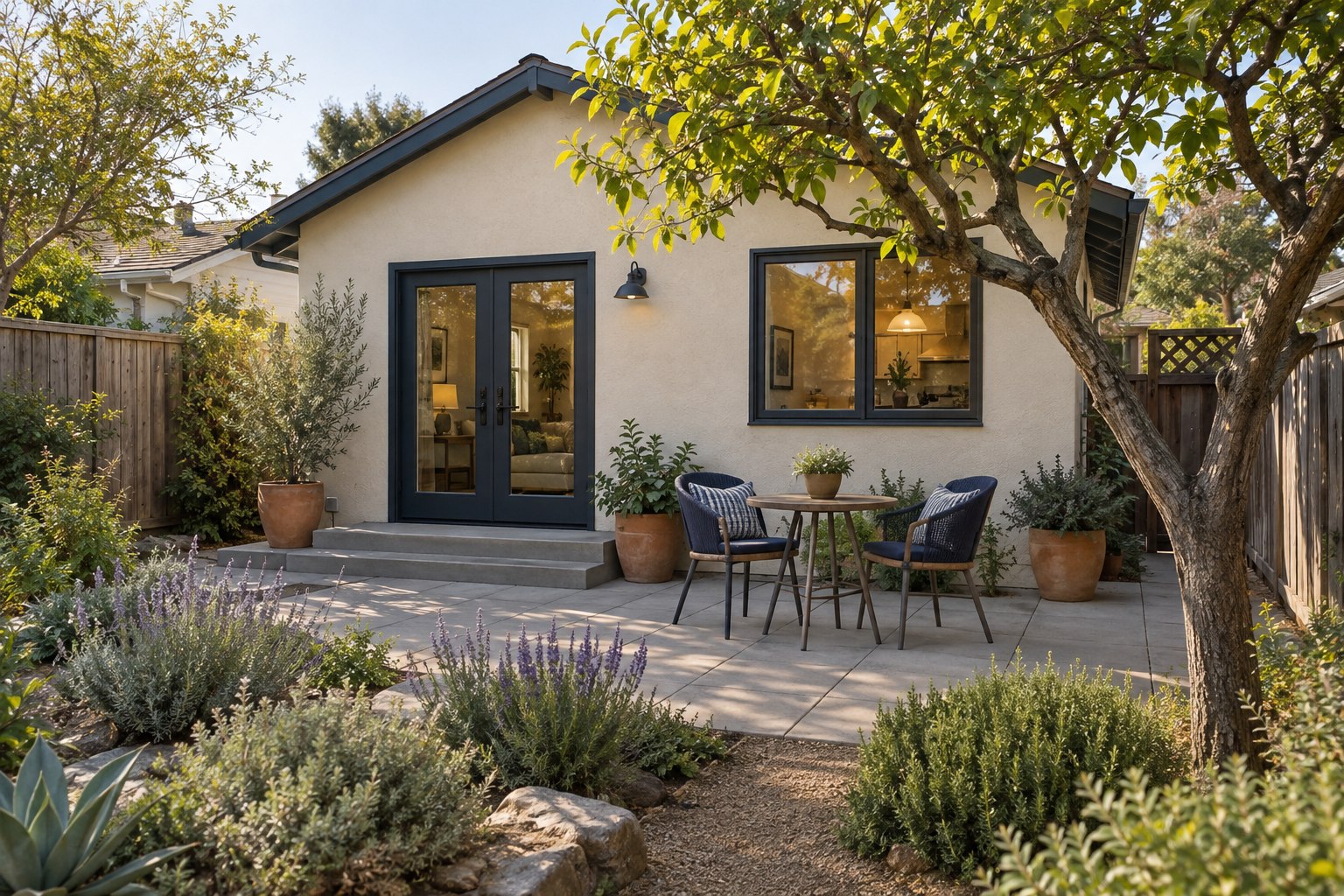 Rear patio and drought-tolerant garden behind a Bay Area bungalow