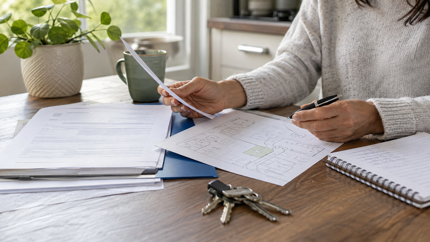 Homeowner reviewing title documents and a parcel map before selling a Bay Area house with an easement