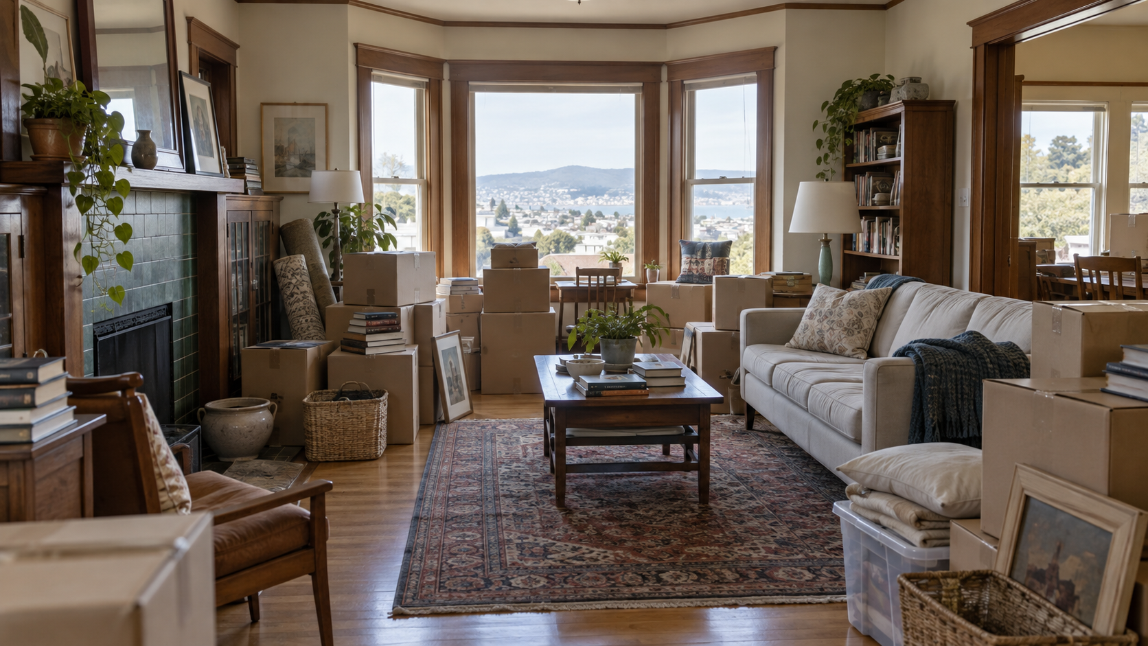 Cluttered Bay Area living room with boxes, belongings, and a clear walking path