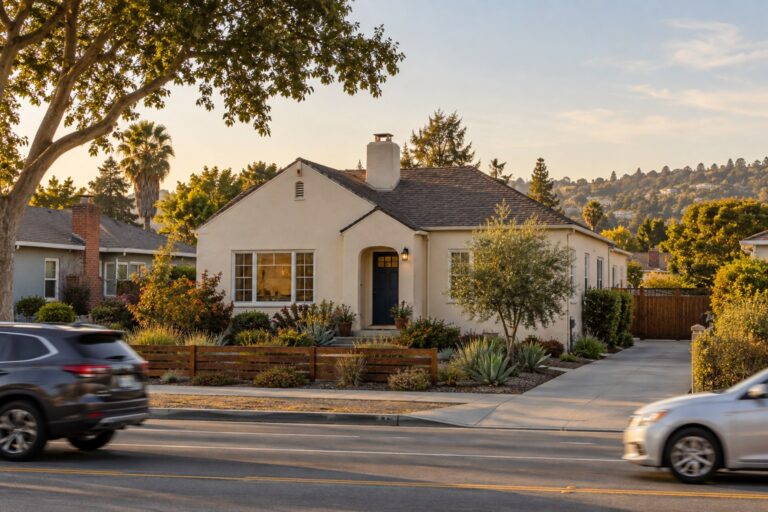 Bay Area house on a busy road with passing cars and a landscaped front yard