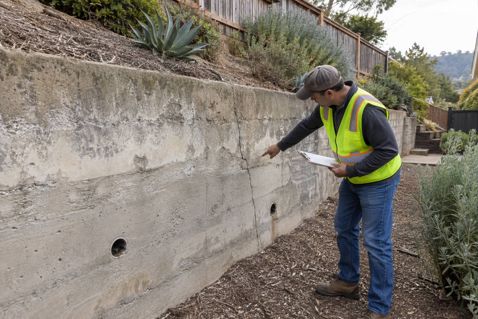 Structural professional inspecting cracks and drainage in a Bay Area retaining wall