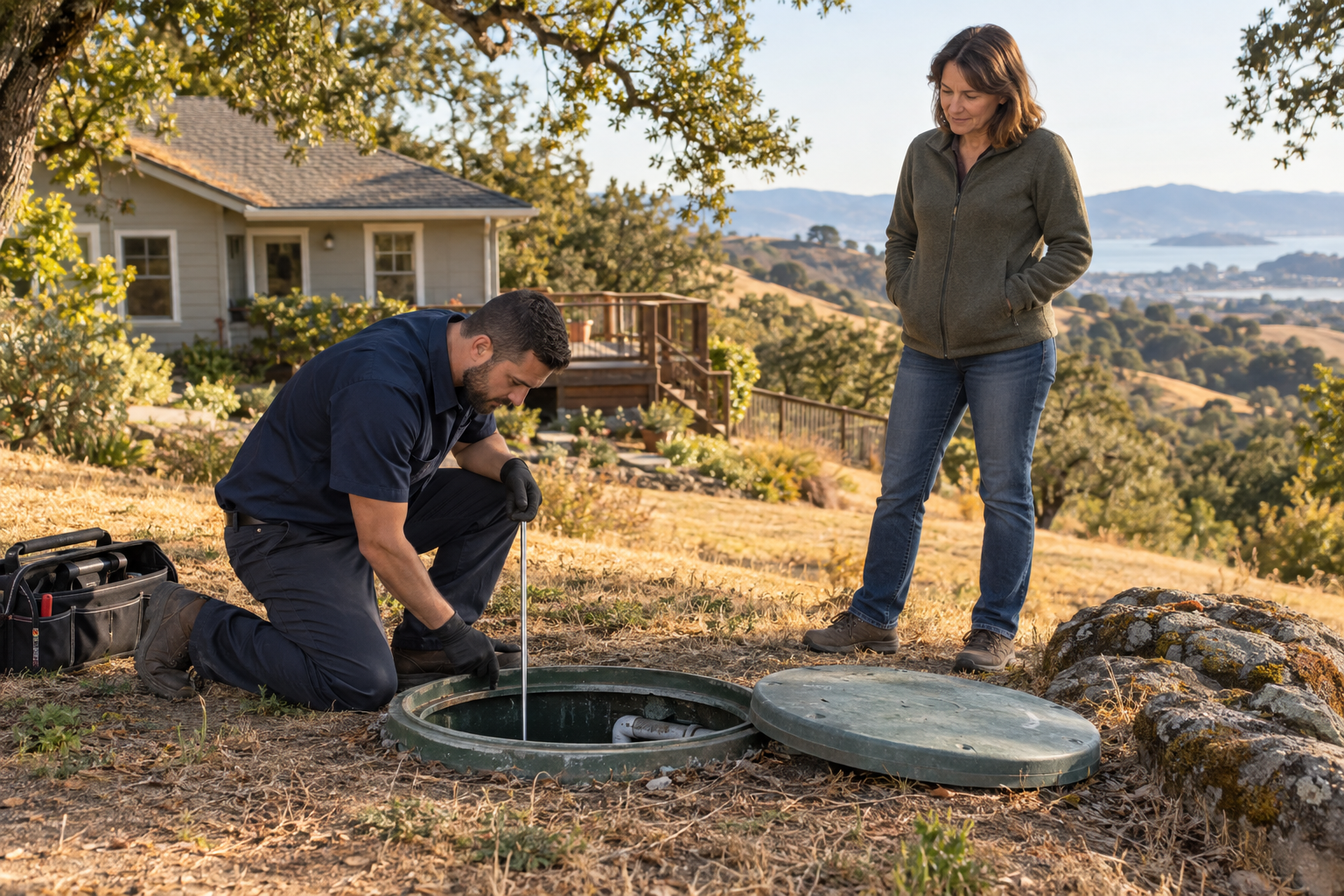 Septic professional inspecting an onsite wastewater system at a Bay Area home