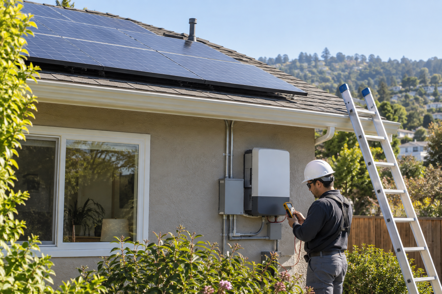 Technician inspecting rooftop solar panels and an inverter at a Bay Area home
