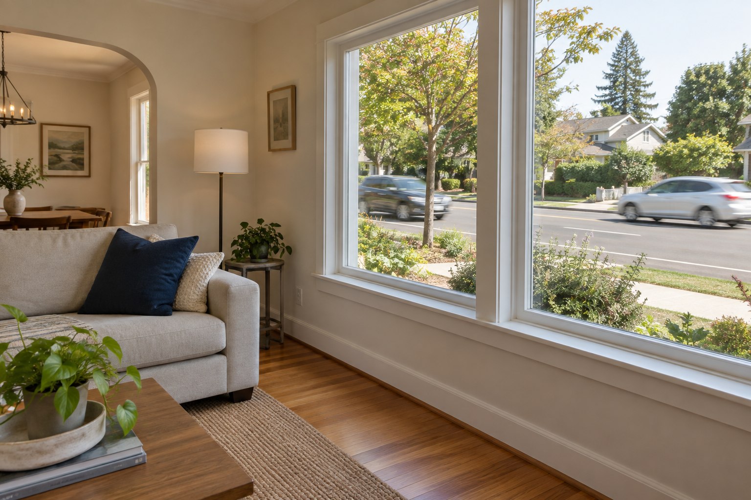 Bay Area house on a busy road with passing cars and a landscaped front yard