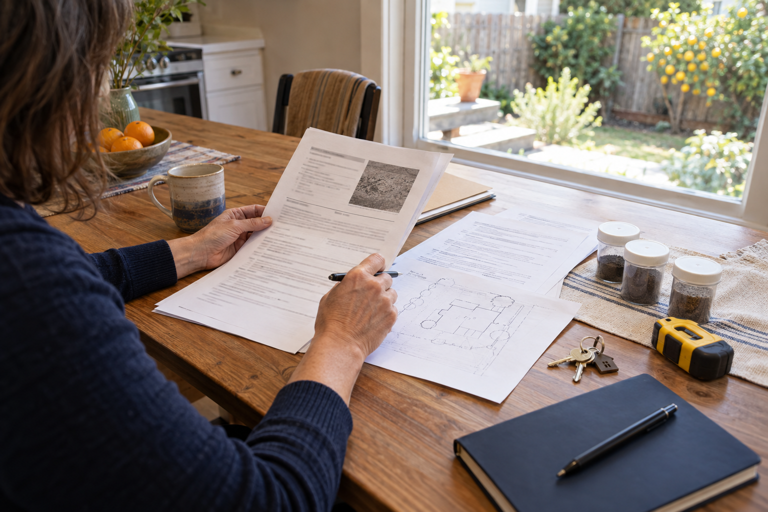 Homeowner reviewing inspection notes and property records for a suspected underground oil tank