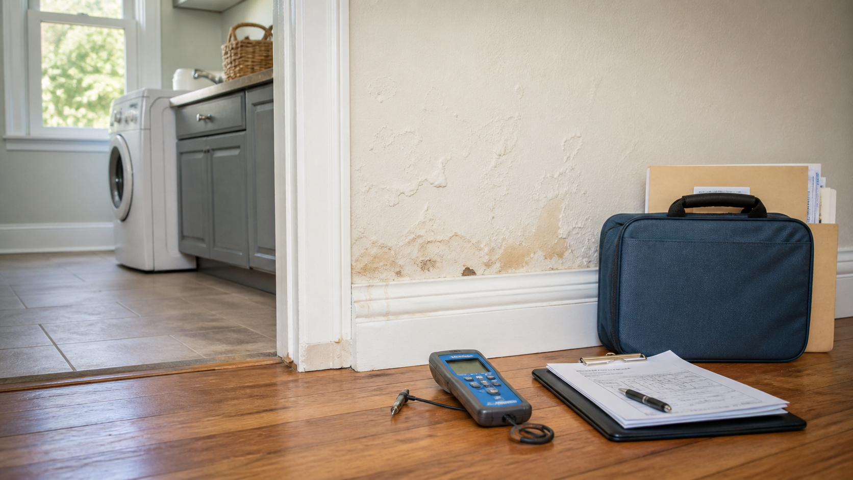 Moisture meter and inspection notes near water-damaged drywall in a Bay Area home
