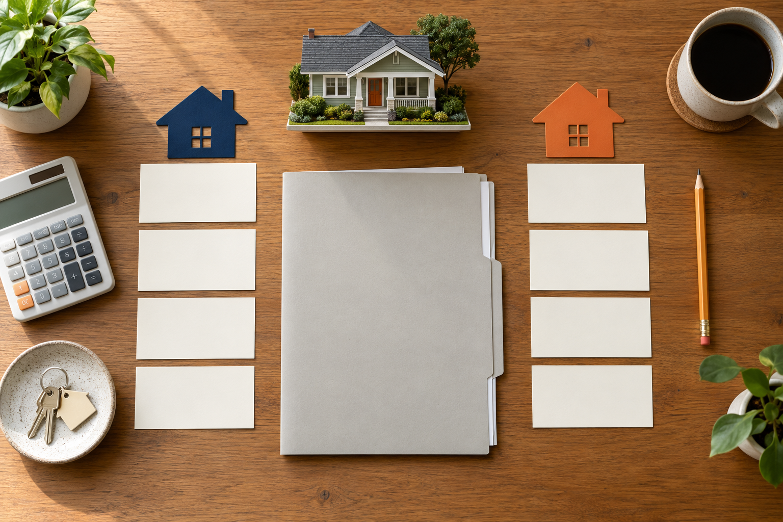 Blank buyer-side and seller-side cost cards arranged around an escrow folder, calculator, keys, and model house