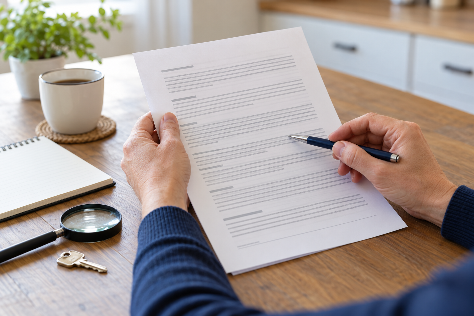 Homeowner carefully reviewing an unreadable cash buyer purchase agreement before signing