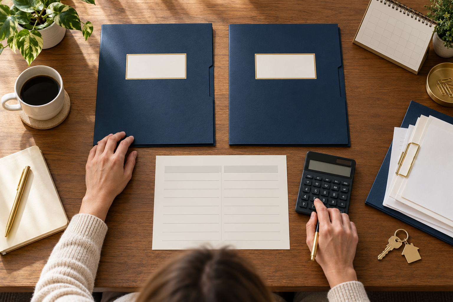 Homeowner comparing two unbranded cash offers with a net proceeds worksheet and calculator