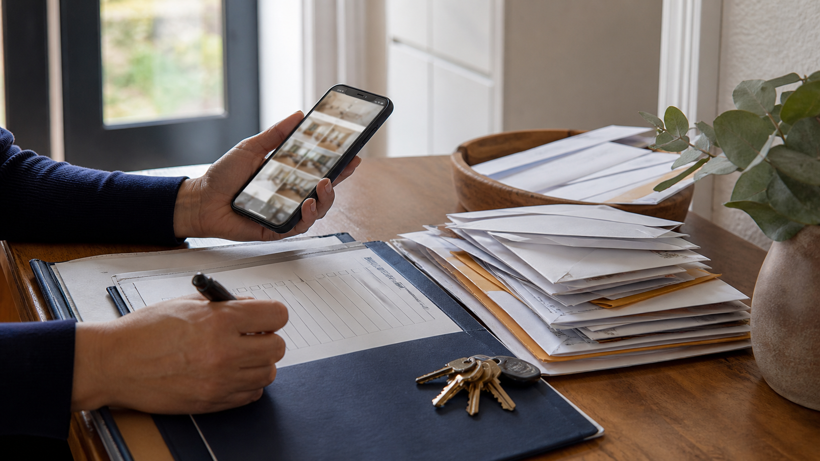 Property documents and keys organized before selling a Bay Area house with unauthorized occupants