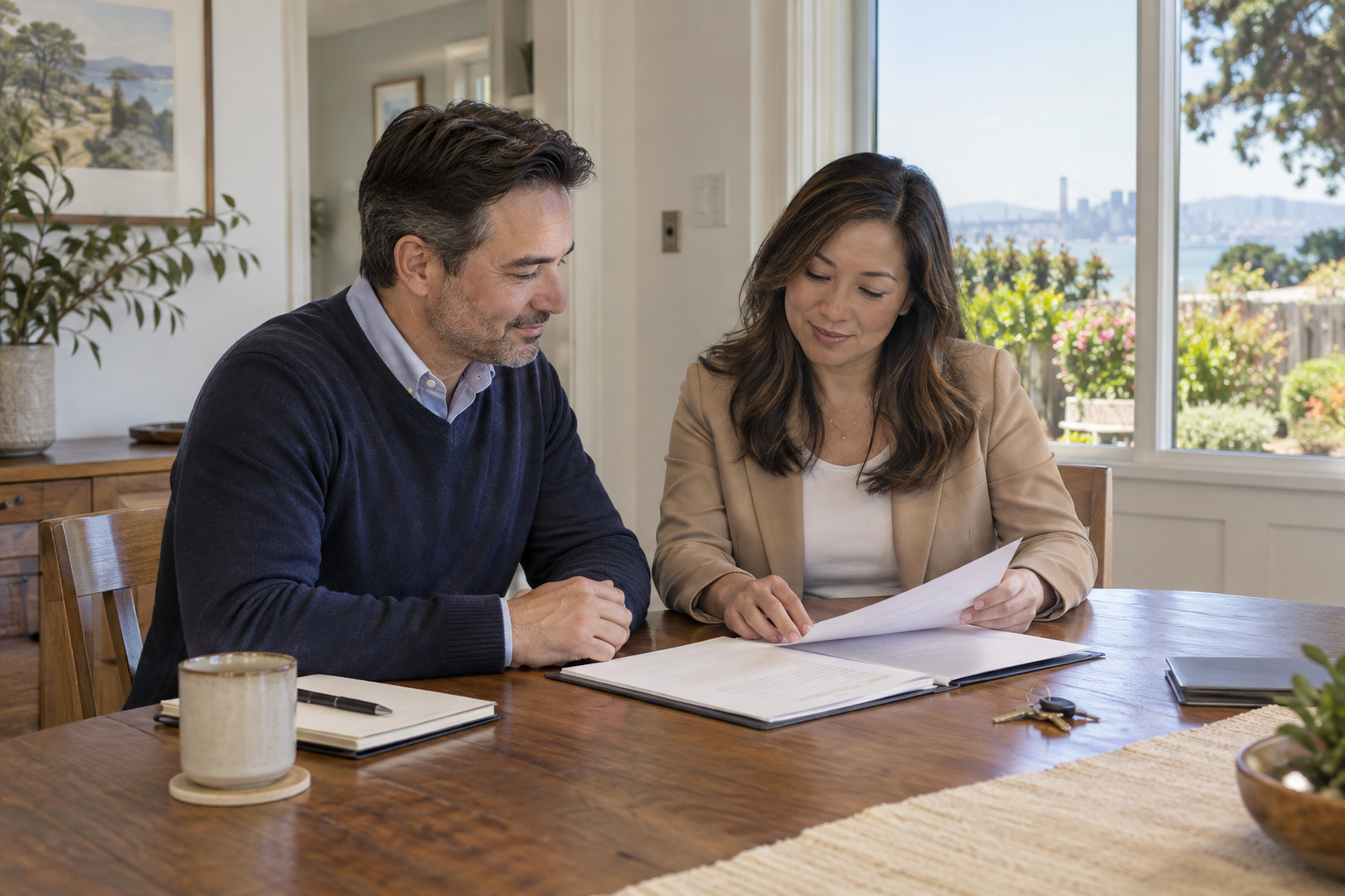 Homeowner and consultant reviewing reports for an older Bay Area home sale
