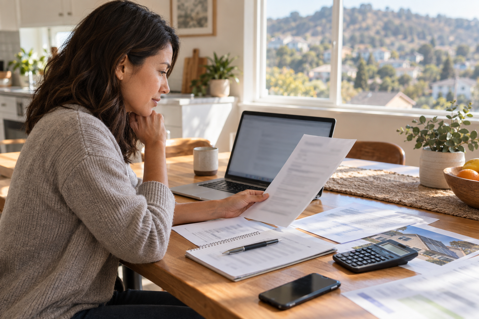 Bay Area homeowner reviewing a solar contract before selling a home