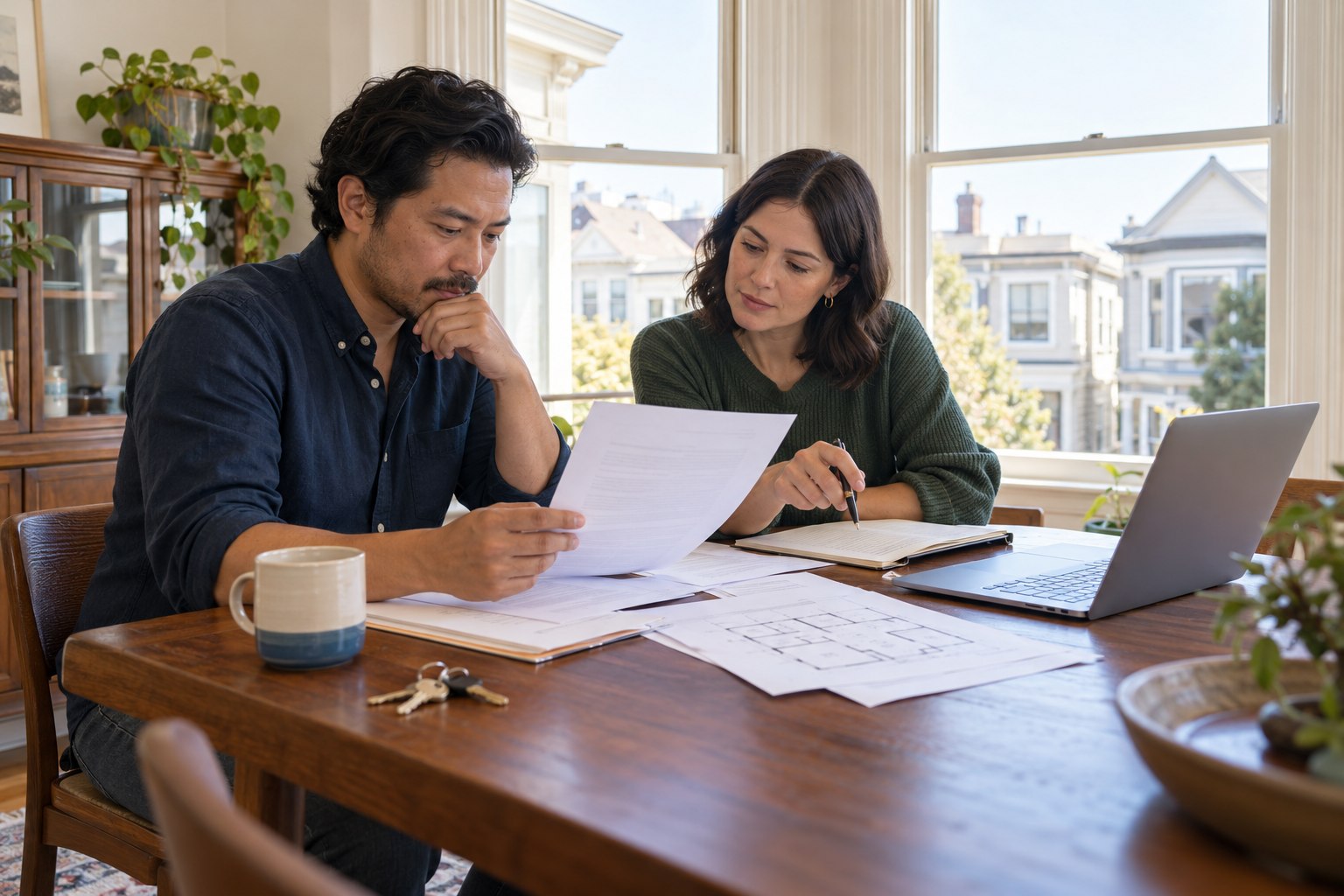 Two San Francisco TIC co-owners reviewing an agreement and floor plan before a property sale