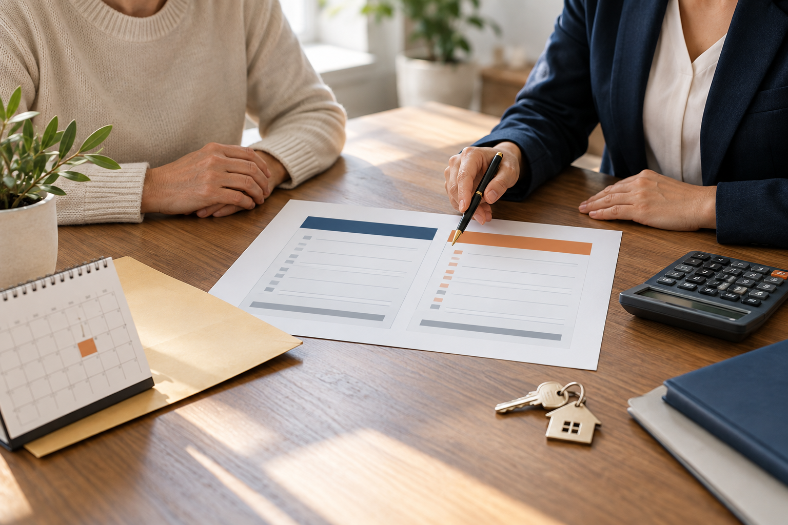 California seller and escrow professional reviewing an abstract net-proceeds worksheet with calculator and house keys