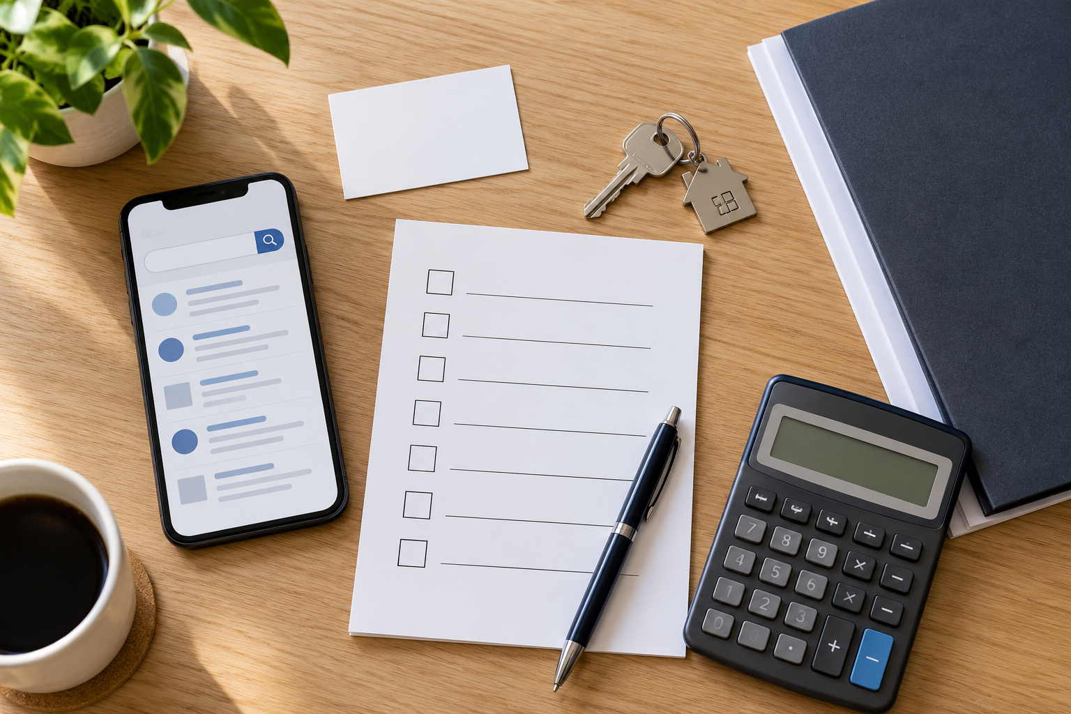 Checklist, phone, calculator, and house keys illustrating how to verify a Bay Area cash home buyer