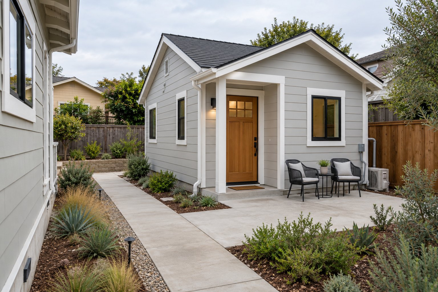 Detached Bay Area accessory dwelling unit with a separate walkway and independent entrance