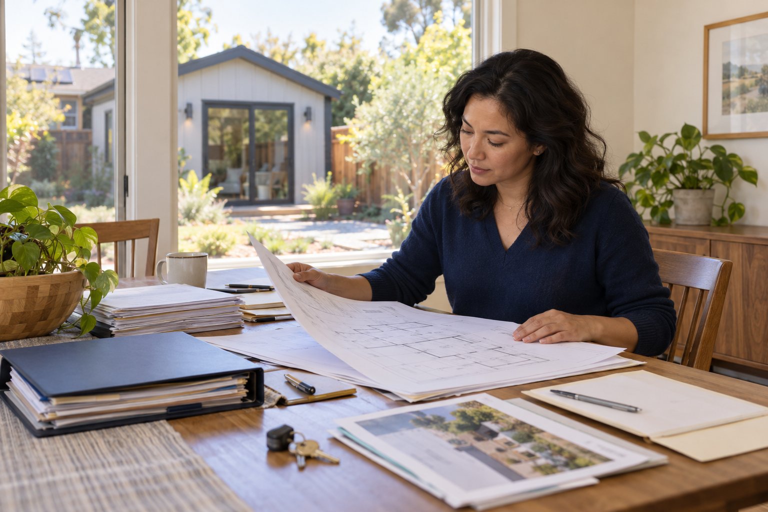 Bay Area homeowner reviewing ADU plans, permit folders, and property records at a dining table