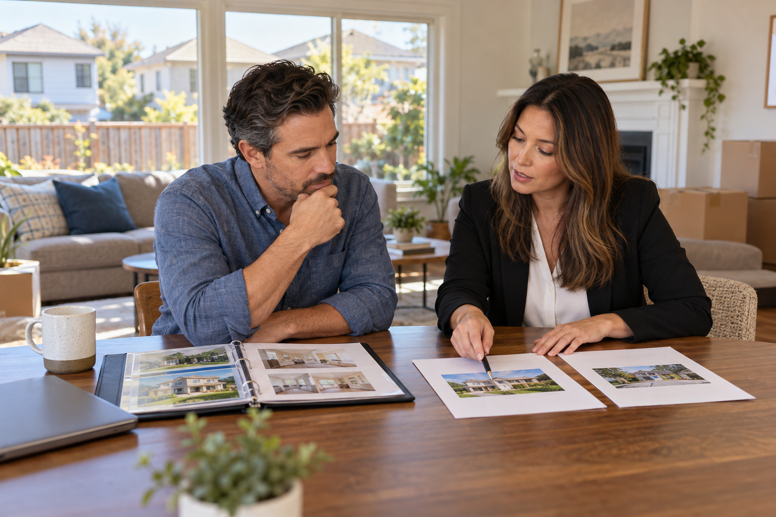 Bay Area homeowner reviewing sale options with a real estate professional while a neighbor issue remains unresolved