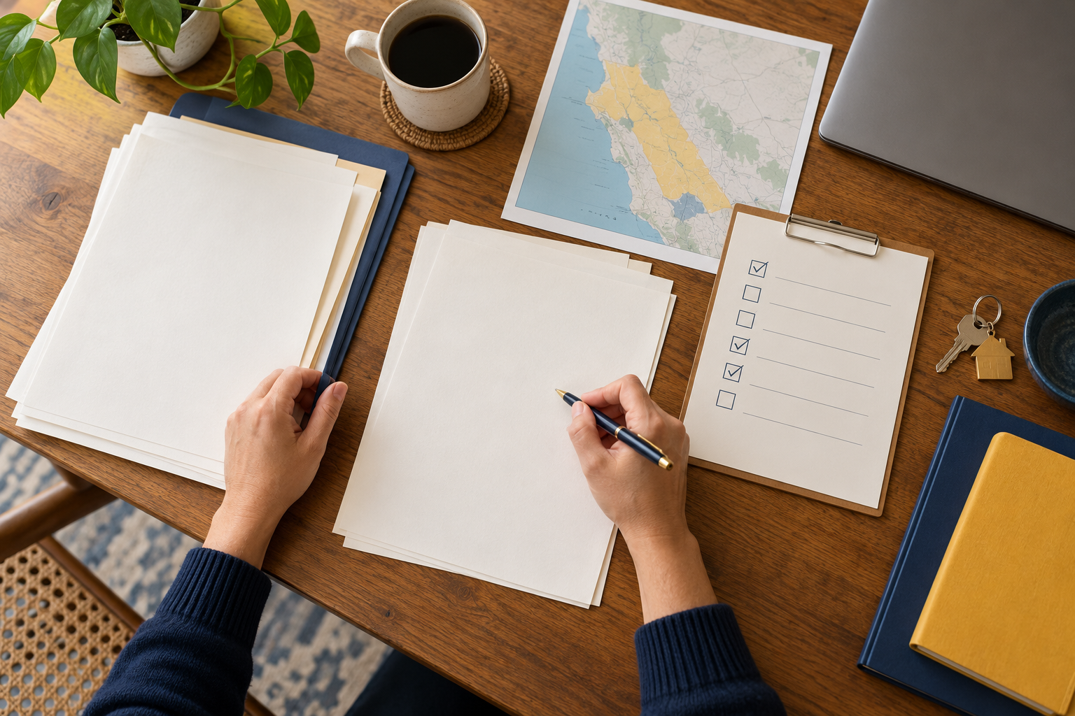 California homeowner organizing blank property disclosures and transaction paperwork for an FSBO sale