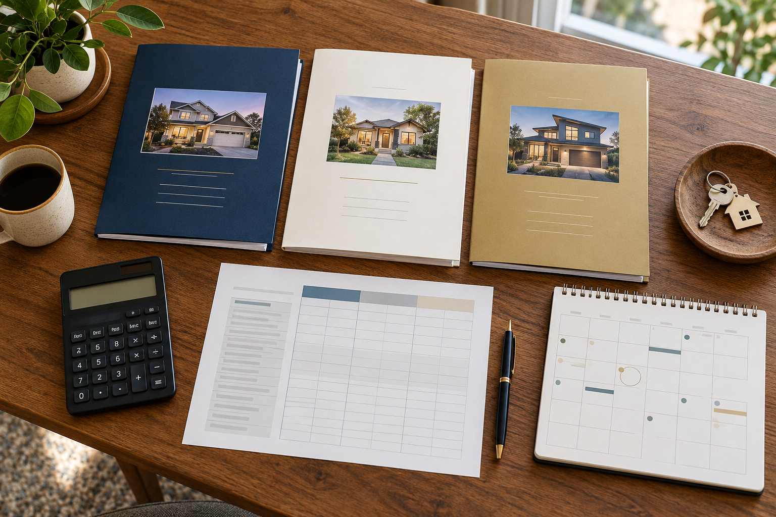 Three cash-home-buyer offer folders beside a blank net-proceeds worksheet and calculator