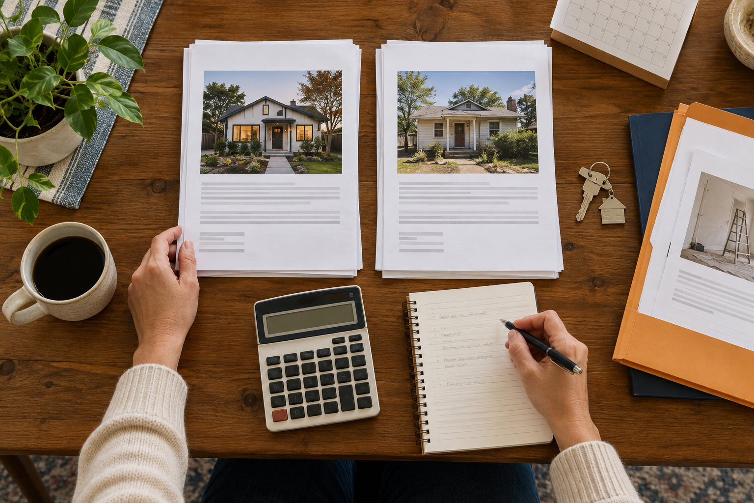 Homeowner comparing cash-sale and traditional-listing documents with a calculator and repair folder