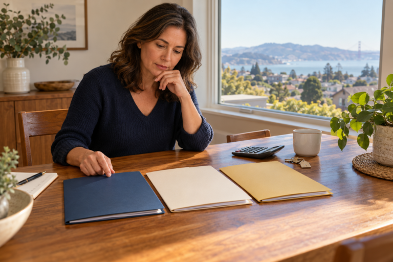Bay Area homeowner comparing companies that buy houses for cash using three unbranded offer folders