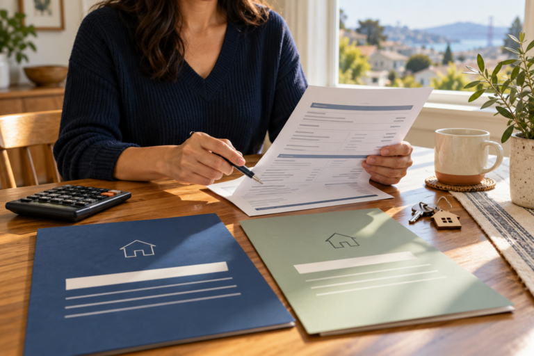 Bay Area homeowner reviewing a cash-sale closing statement, calculator, folders, and house keys