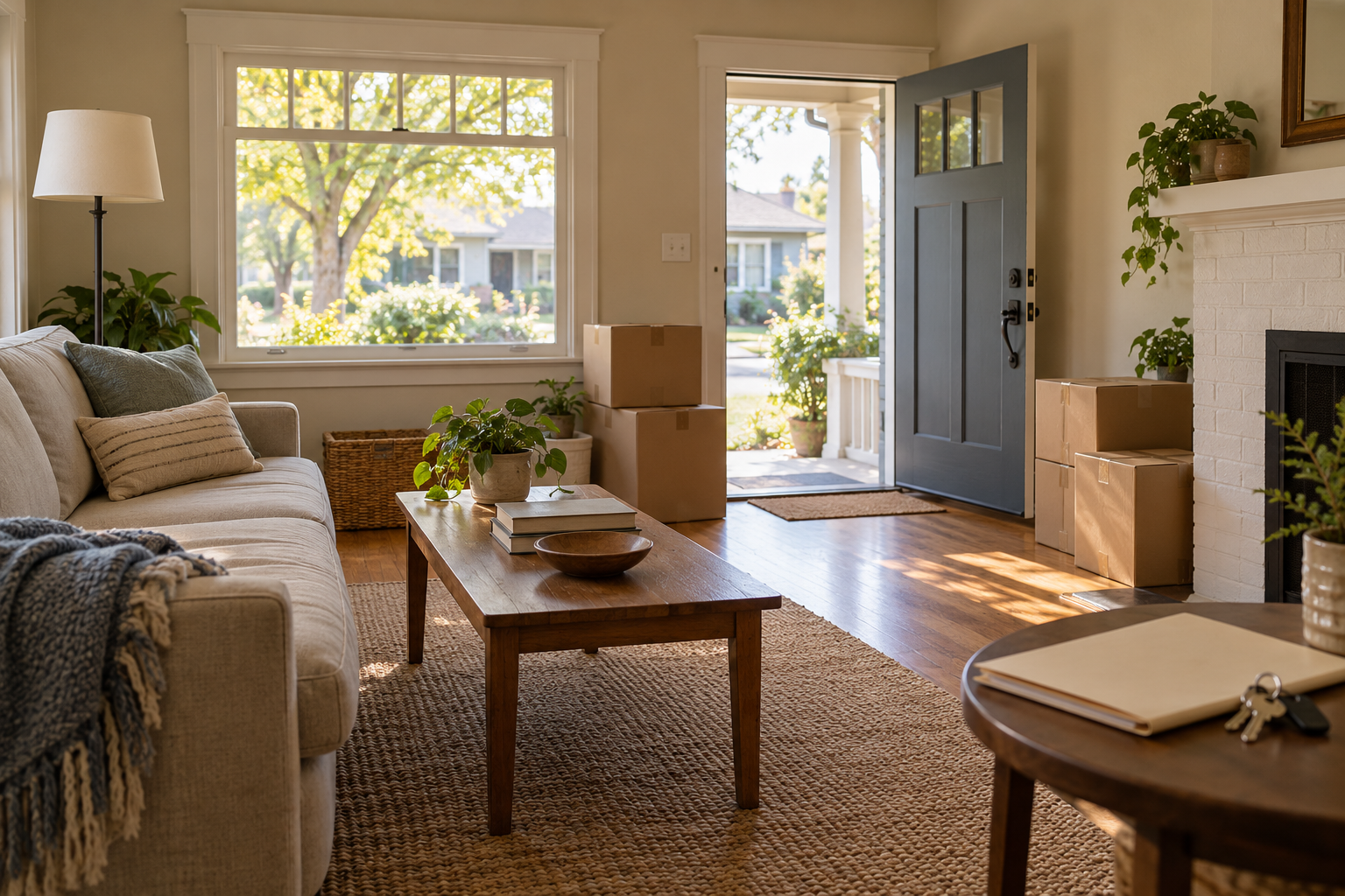 Calm older bungalow living room with moving boxes, an estate folder, and house keys ready for a home sale
