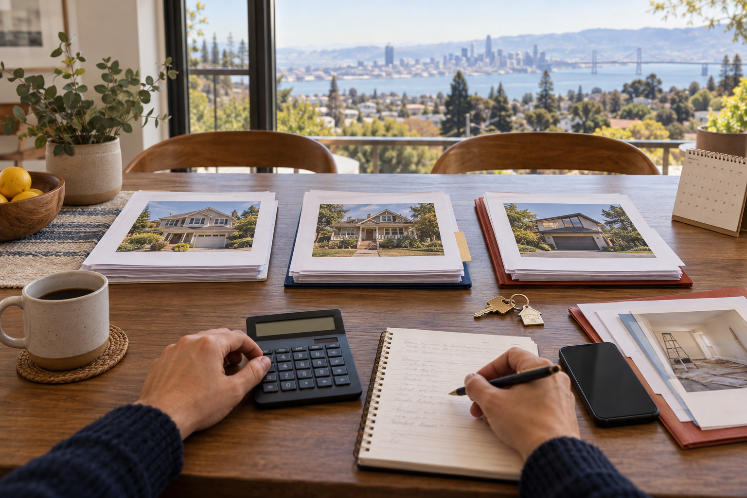 Homeowner comparing three property-sale options with a calculator, calendar, repair folder, and house keys
