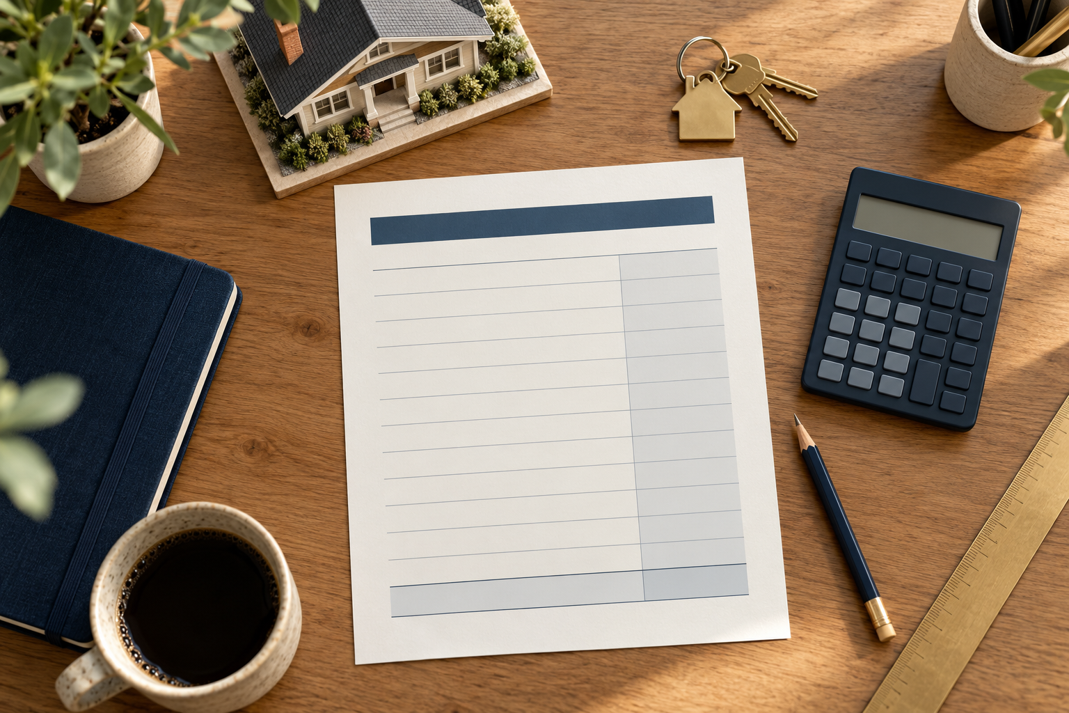 Blank line-item worksheet, calculator, keys, and model house illustrating a hypothetical Bay Area cash offer calculation