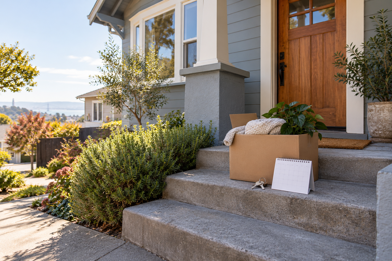 Three folders and house keys representing hypothetical Bay Area home-selling timelines