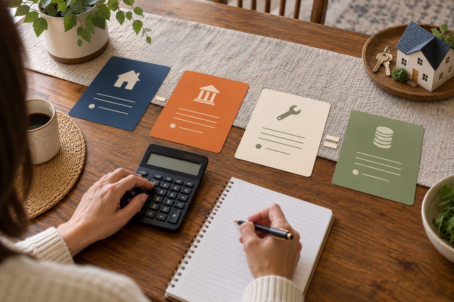 Home seller using a calculator beside abstract cards for sale price, mortgage payoff, costs, and remaining proceeds