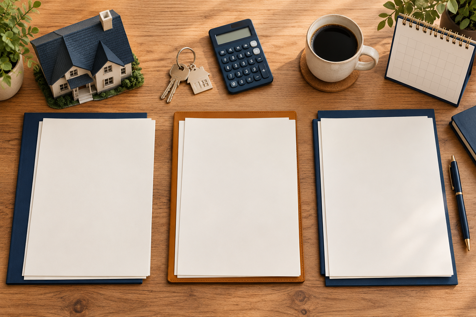 Three blank worksheets, calculator, keys, and model house for comparing estimated seller net proceeds