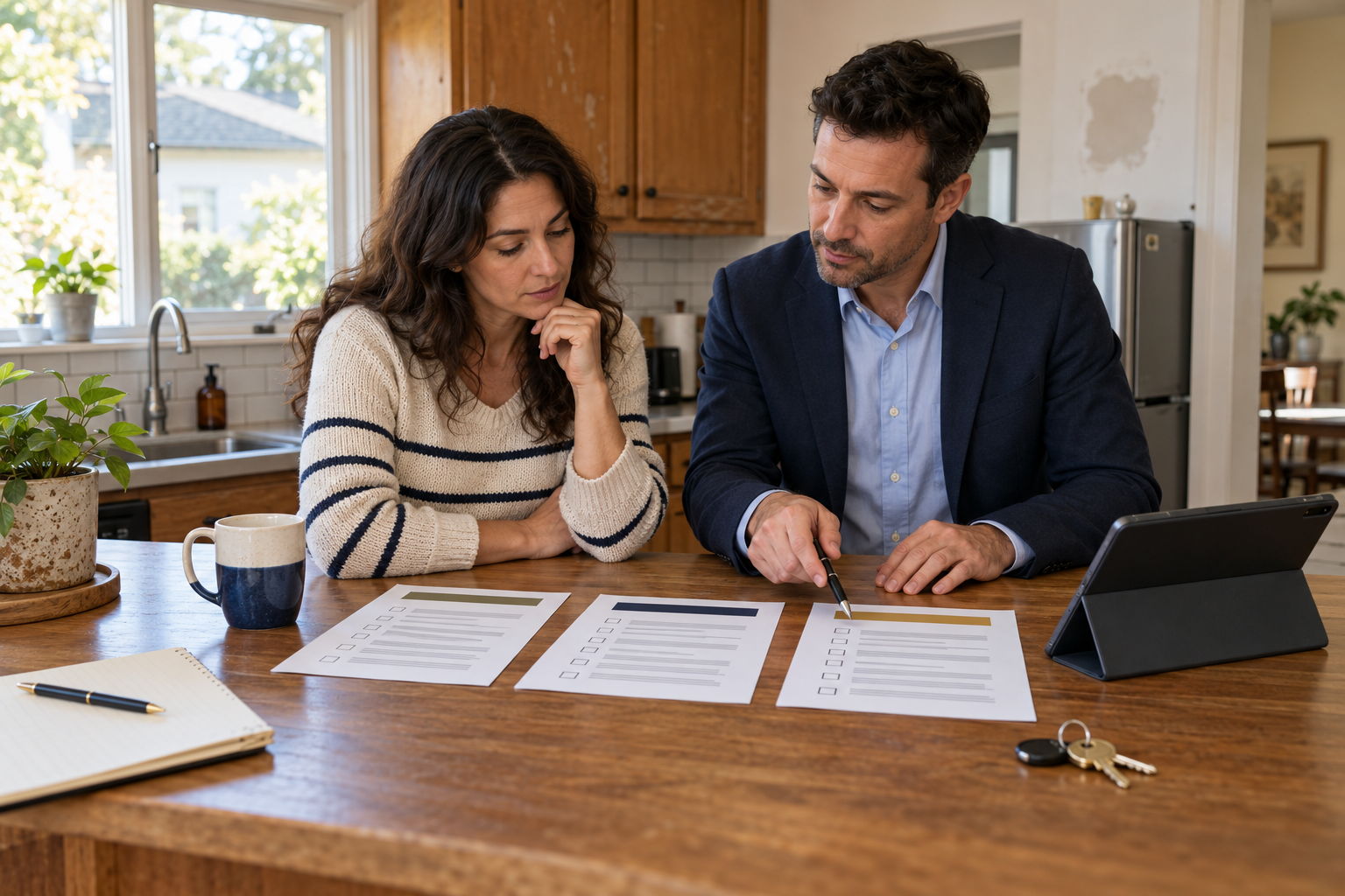 Bay Area homeowner comparing companies that buy houses for cash using three unbranded offer folders