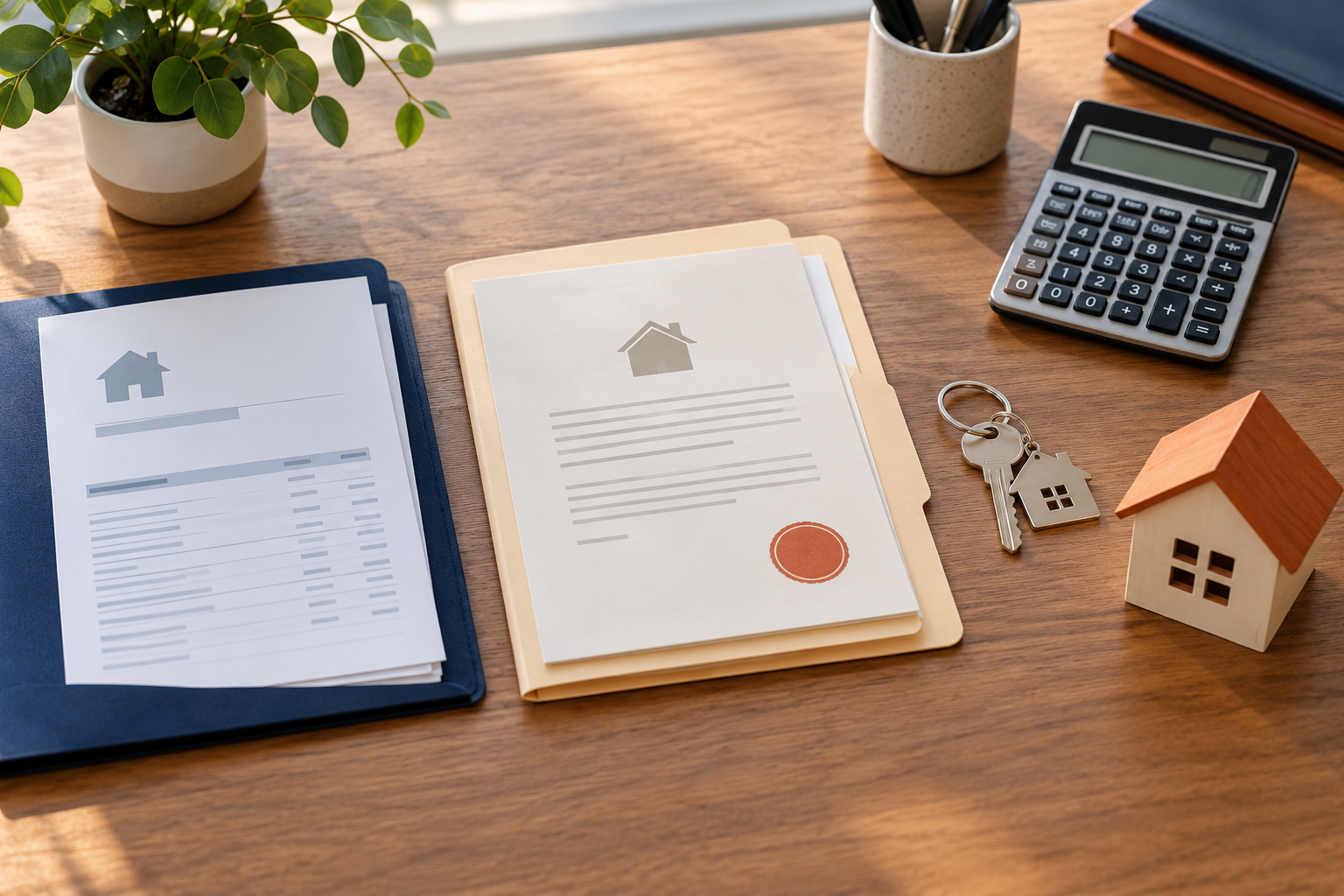 Mortgage and escrow folders with calculator, house keys, and home model illustrating a California payoff